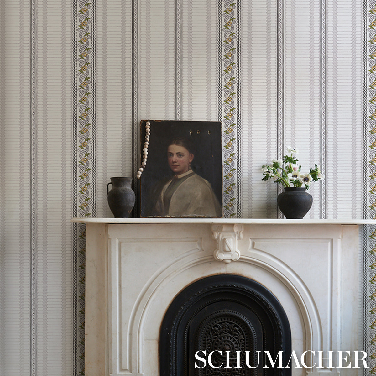 Serena Stripe Ochre by Rita Konig Floral Stripe Designer Wallpaper – Schumacher 5015931