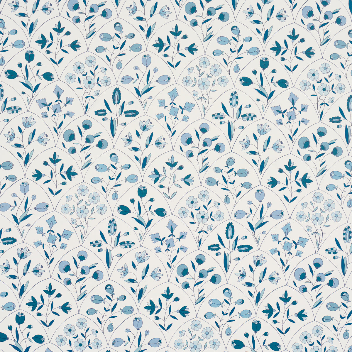 Frances Scallop Floral wallpaper in blue, featuring a playful scallop and floral pattern by Schumacher.