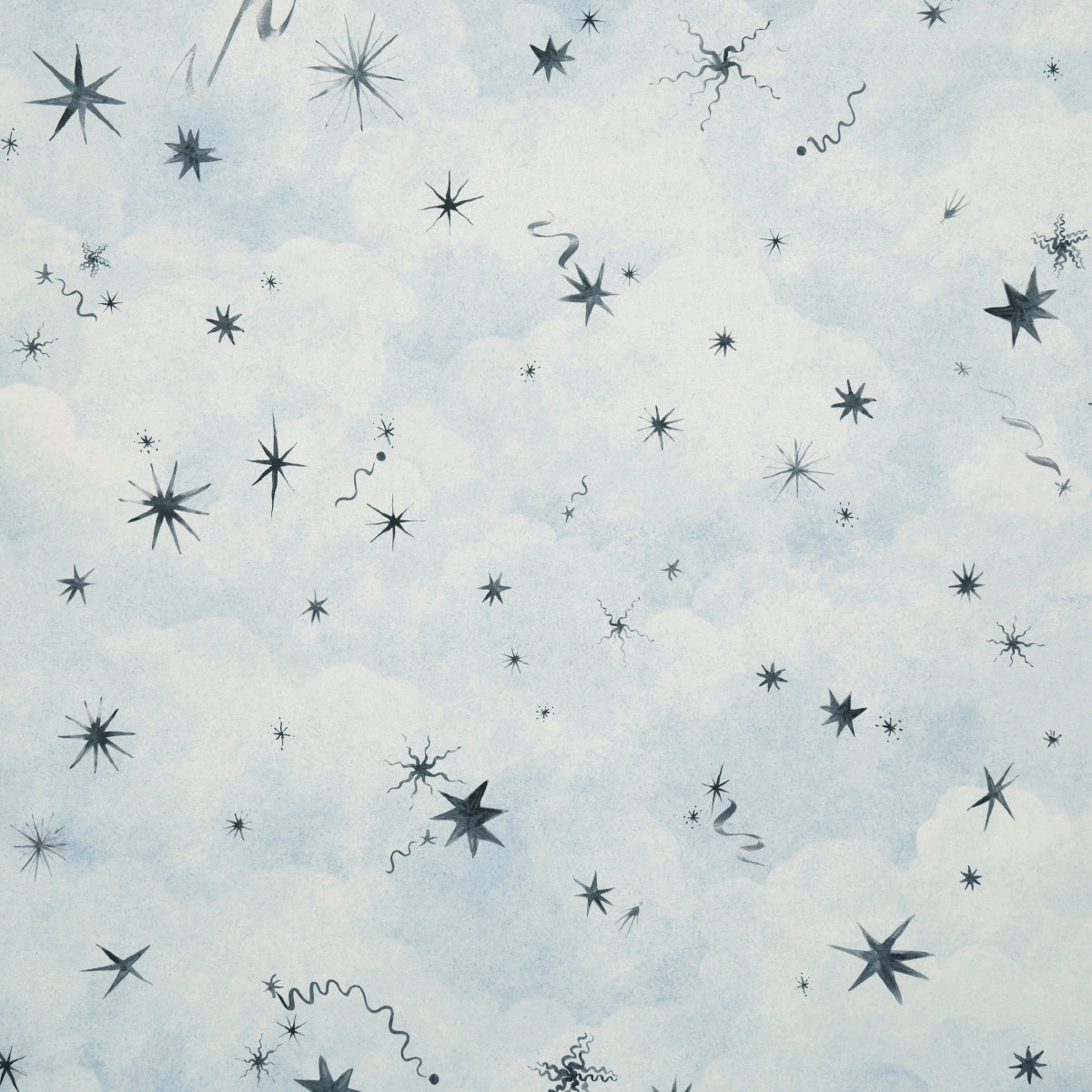 Luminaries wallpaper by Backdrop x Xavier Donnelly for Schumacher, featuring whimsical stars and celestial objects on a soft blue cloudscape background.