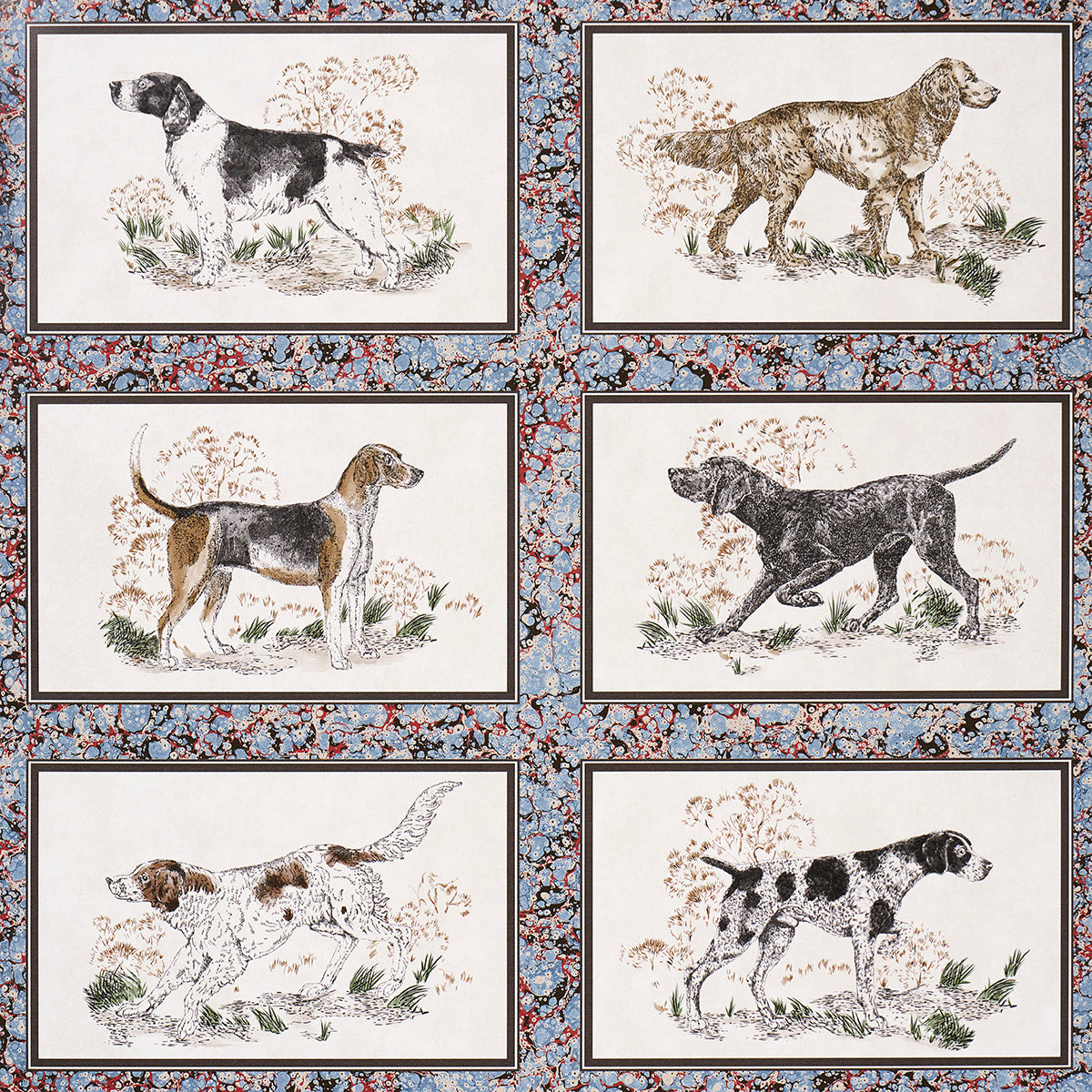 Chaser's Legacy wallpaper by Schumacher featuring framed dog portraits on a marbleized background in slate colorway.