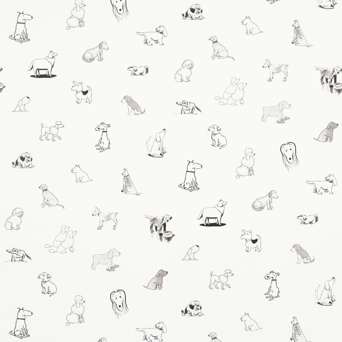 GOOD DOGS EVERYWHERE wallpaper by Schumacher featuring black and white cartoon dogs from The New Yorker collection