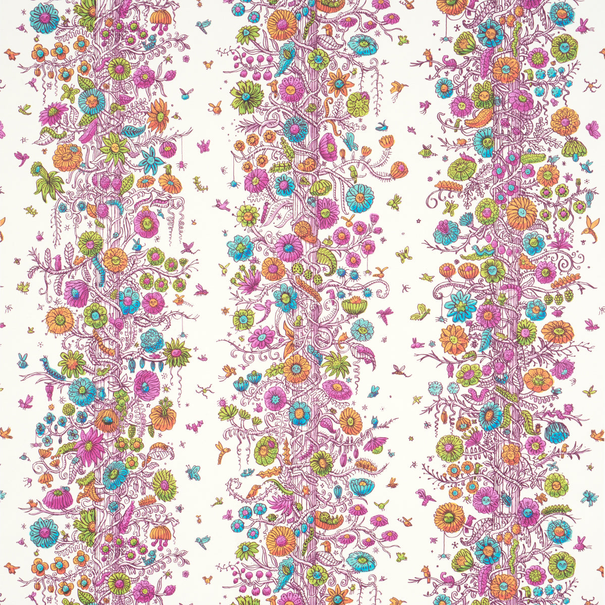Edward Steed's Towers of Flowers wallpaper in multicolor burst, featuring whimsical floral stripes and playful illustrated flowers.