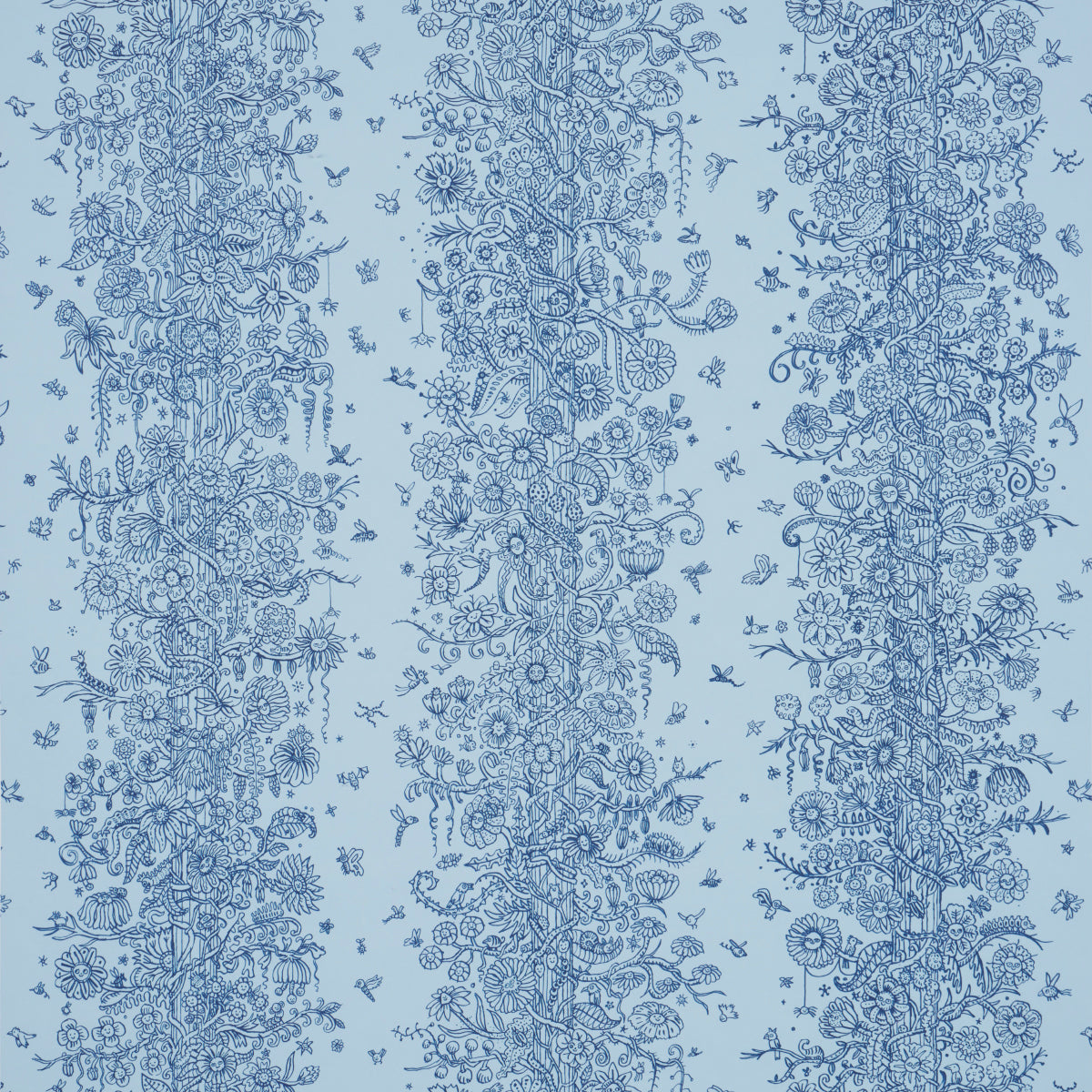 Edward Steed's Towers of Flowers wallpaper in sky blue and navy, featuring whimsical floral stripes and playful faces, from Schumacher's The New Yorker collection.