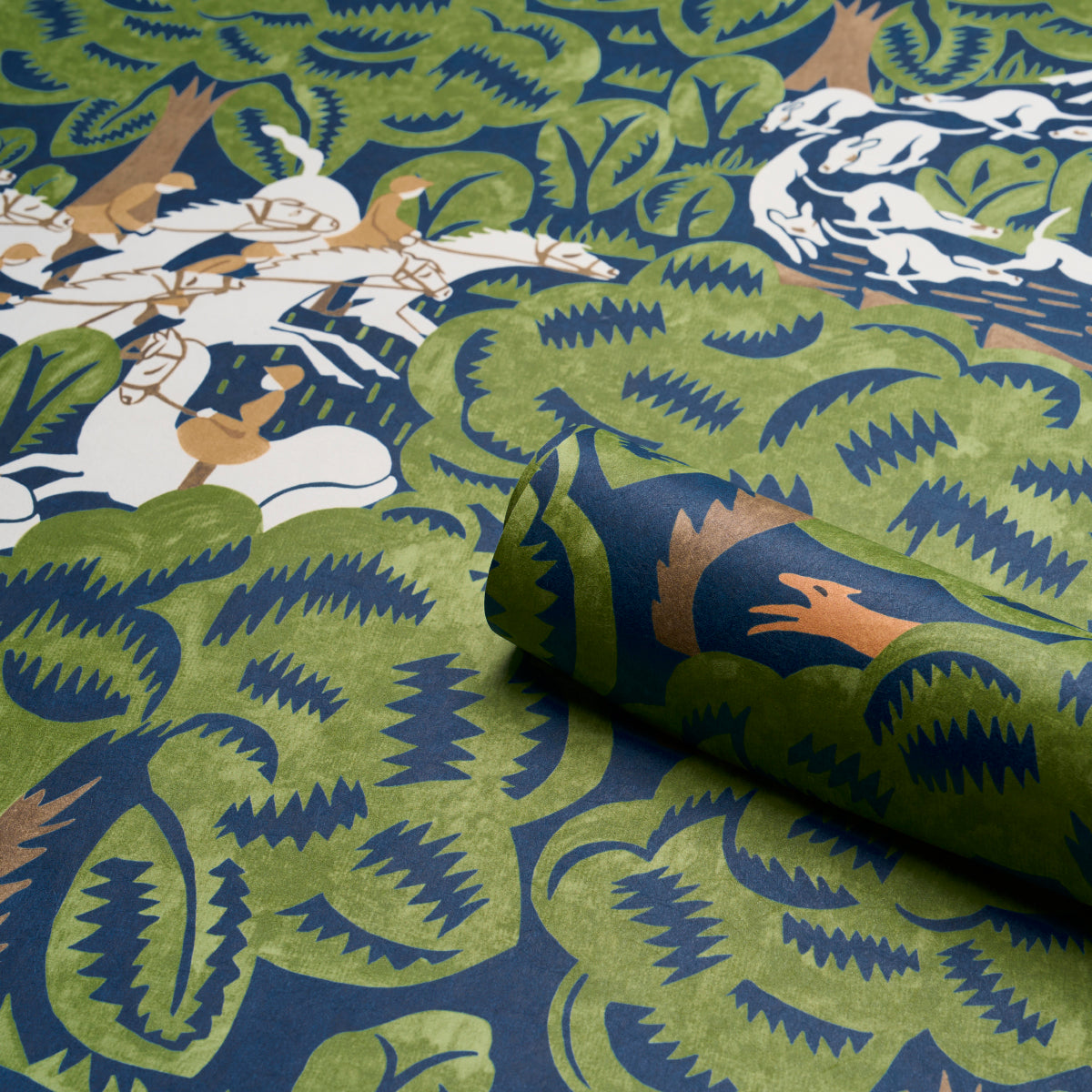 Margaret Schloeman's Fox Chase Navy & Green Art Deco Fox Hunt Wallpaper – Schumacher 5016151