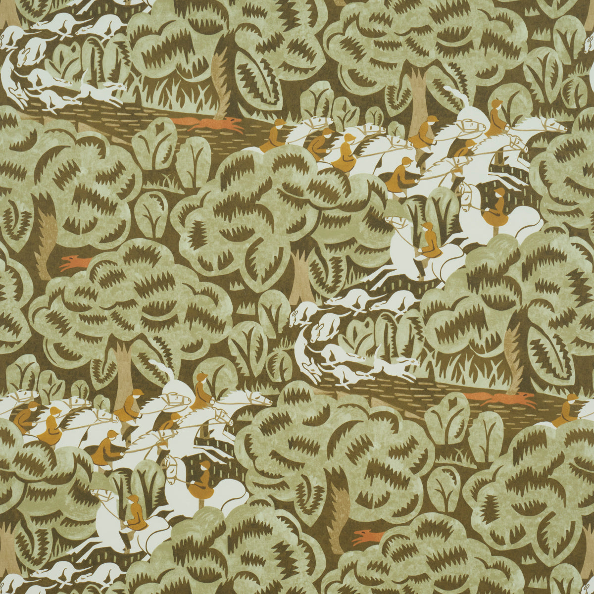 Margaret Schloeman's Fox Chase wallpaper in sage and soft brown, featuring a stylized Art Deco fox hunt scene with riders and hounds in a forest.