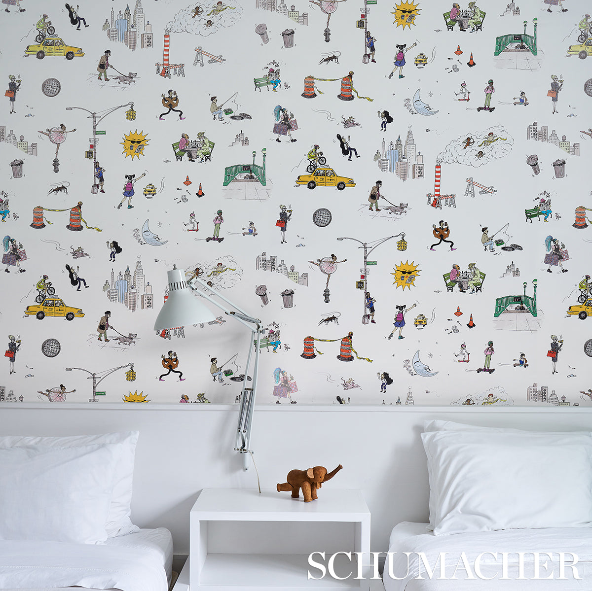 Joana Avillez's Street Scenes Multicolor on White by Schumacher The New Yorker Peel-and-Stick Wallpaper – Schumacher 5016170