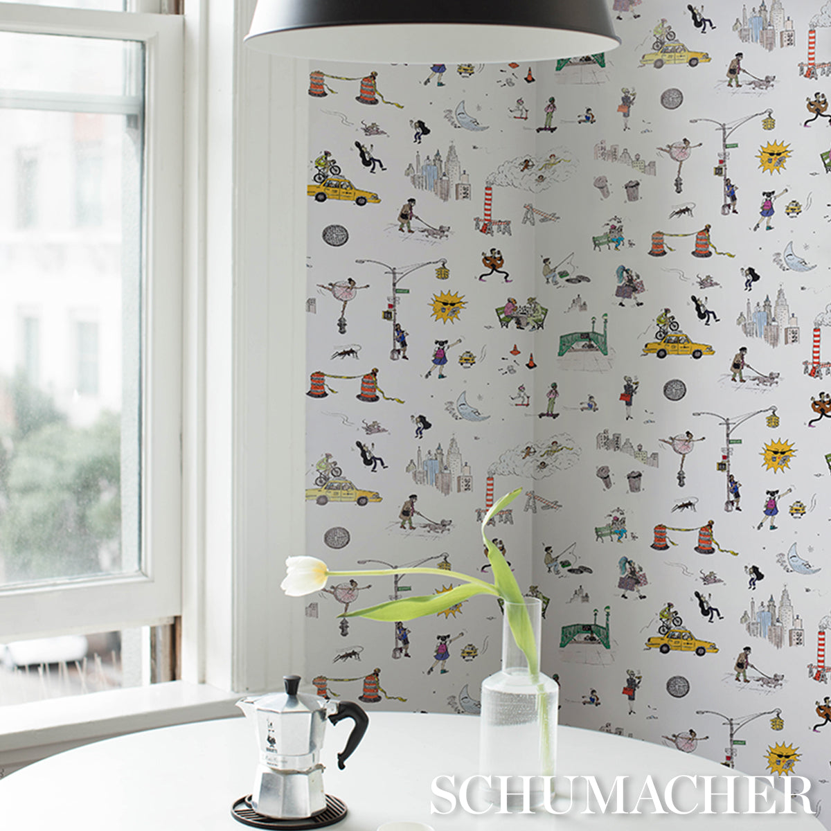 Joana Avillez's Street Scenes Multicolor on White by Schumacher The New Yorker Peel-and-Stick Wallpaper – Schumacher 5016170