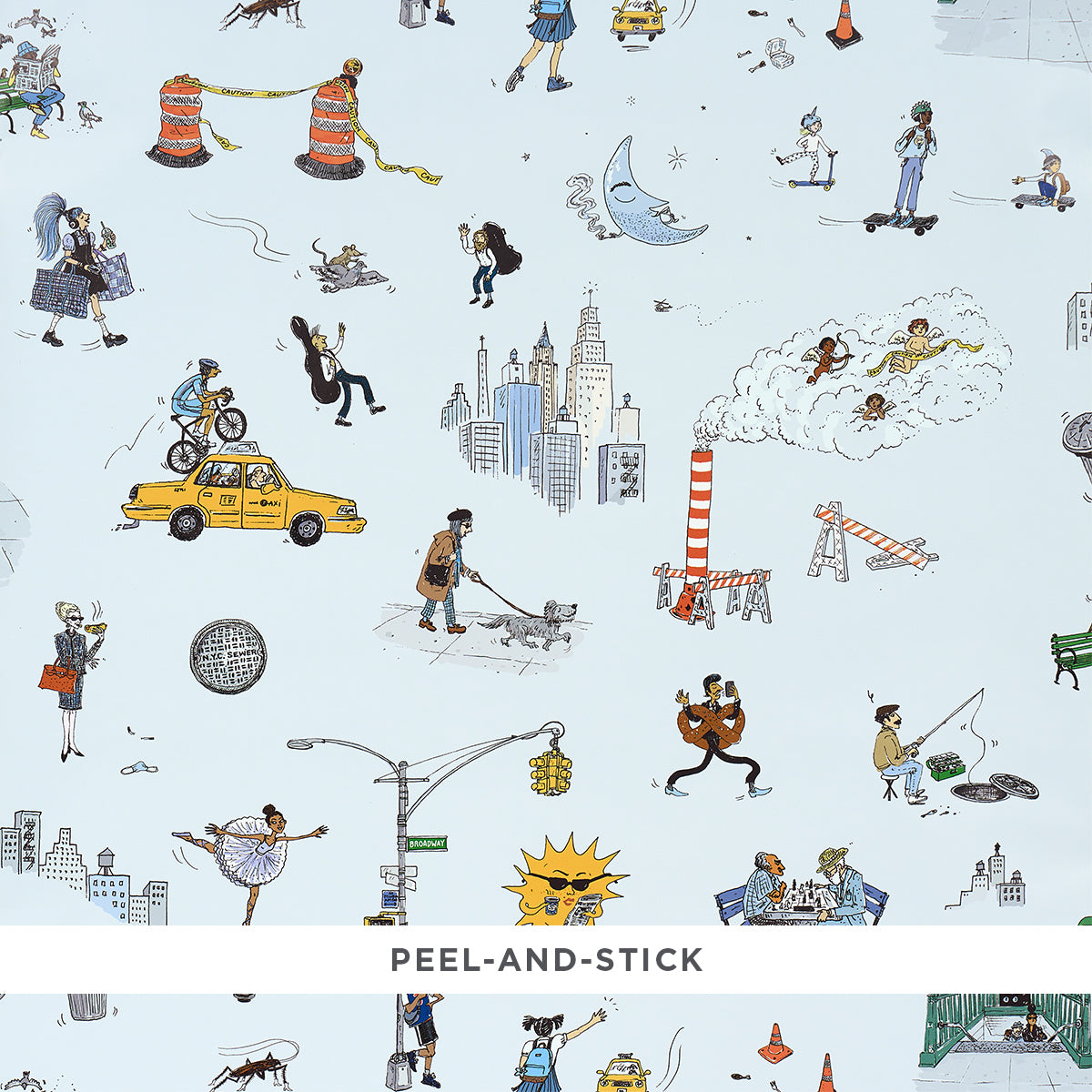 Joana Avillez's Street Scenes peel-and-stick wallpaper featuring whimsical New York City illustrations on a sky blue background.
