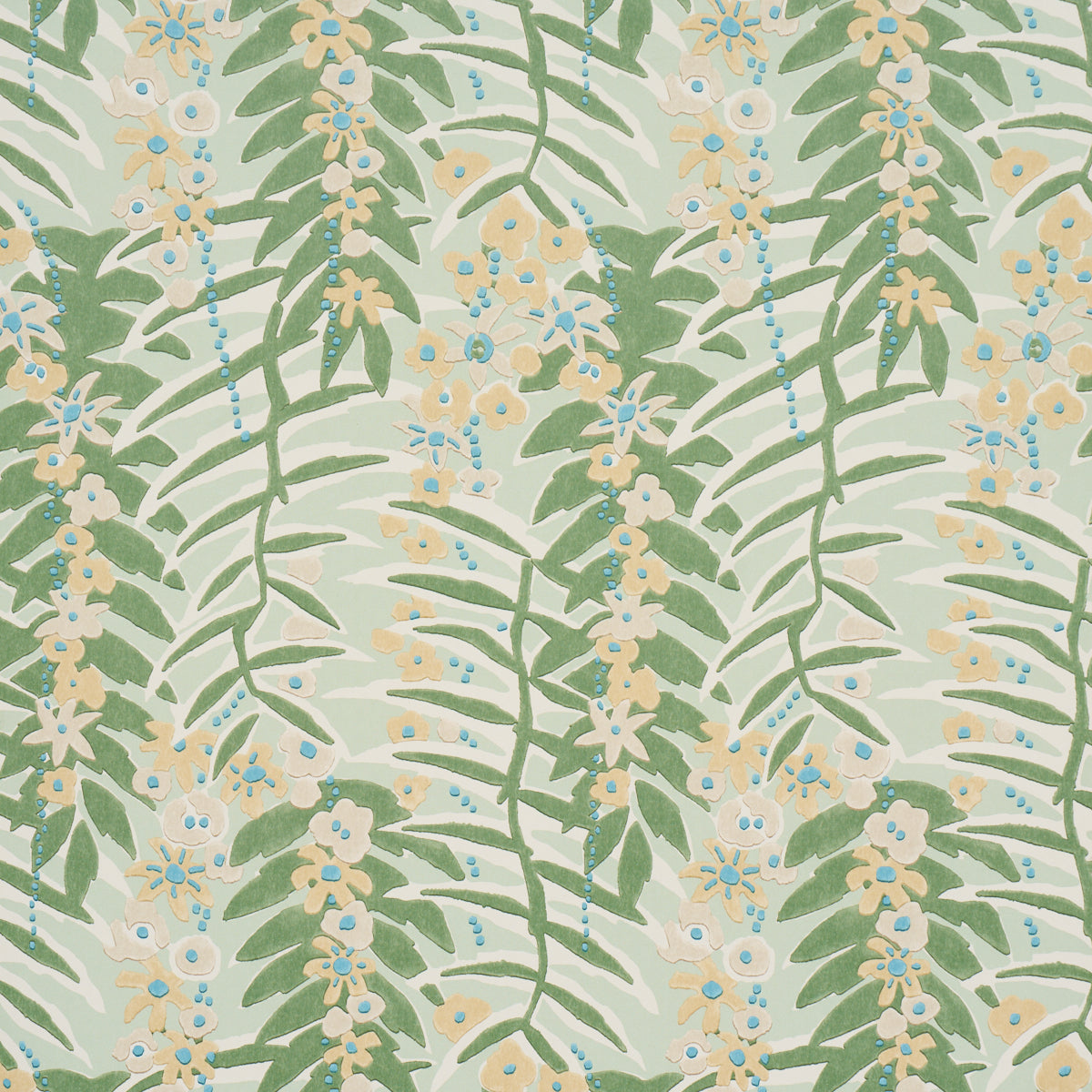 Ashbee Botanical Aqua wallpaper with stylized green leaves and yellow floral pattern by Schumacher