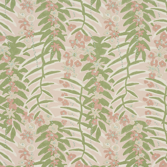 Ashbee Botanical wallpaper in Petal by Schumacher, featuring an airy allover floral pattern in green and pink tones.