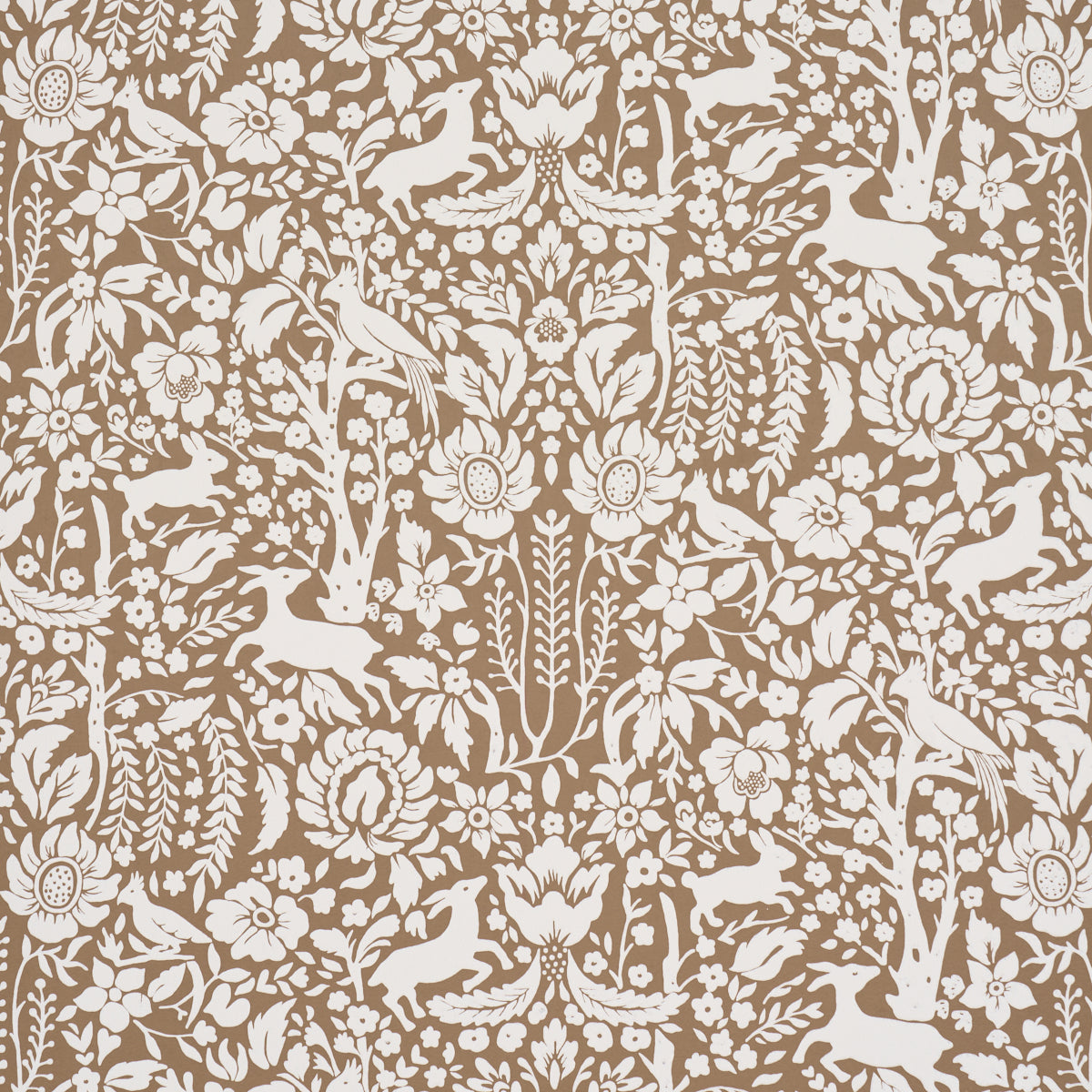Deerfield Mocha wallpaper by Schumacher featuring hand-painted woodland animals and floral silhouettes in a whimsical, mocha and white colorway.
