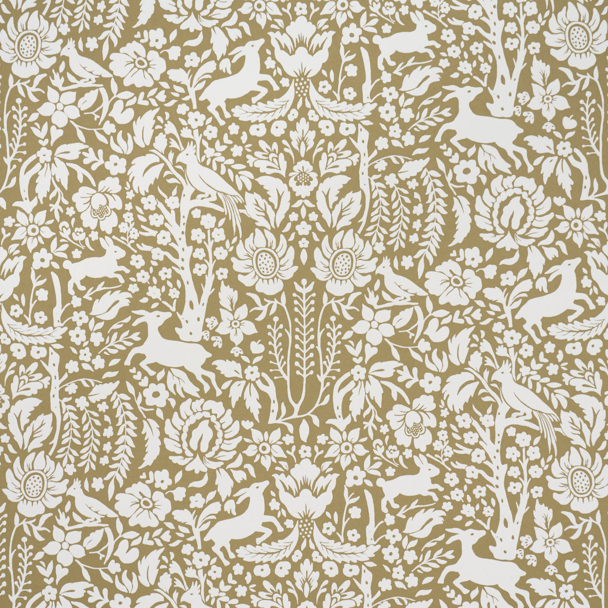 Deerfield Moss wallpaper by Schumacher featuring hand-painted woodland animals and floral silhouettes in a whimsical, surface-printed design.