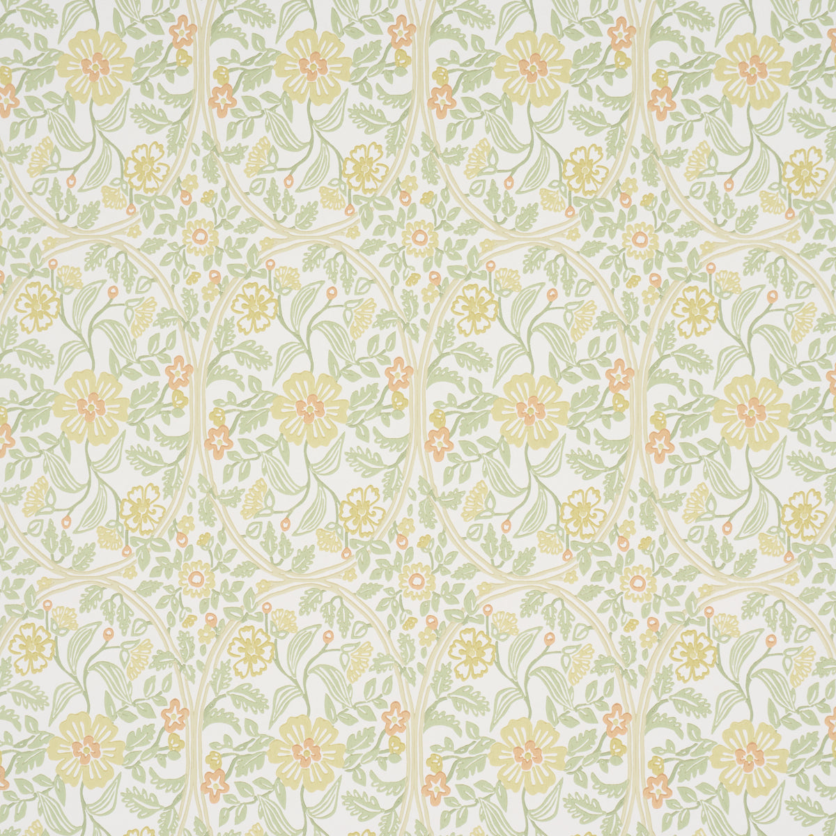Garden Guild Marigold wallpaper by Schumacher featuring a hand-painted ornamental botanical floral pattern in yellow, green, and orange tones.