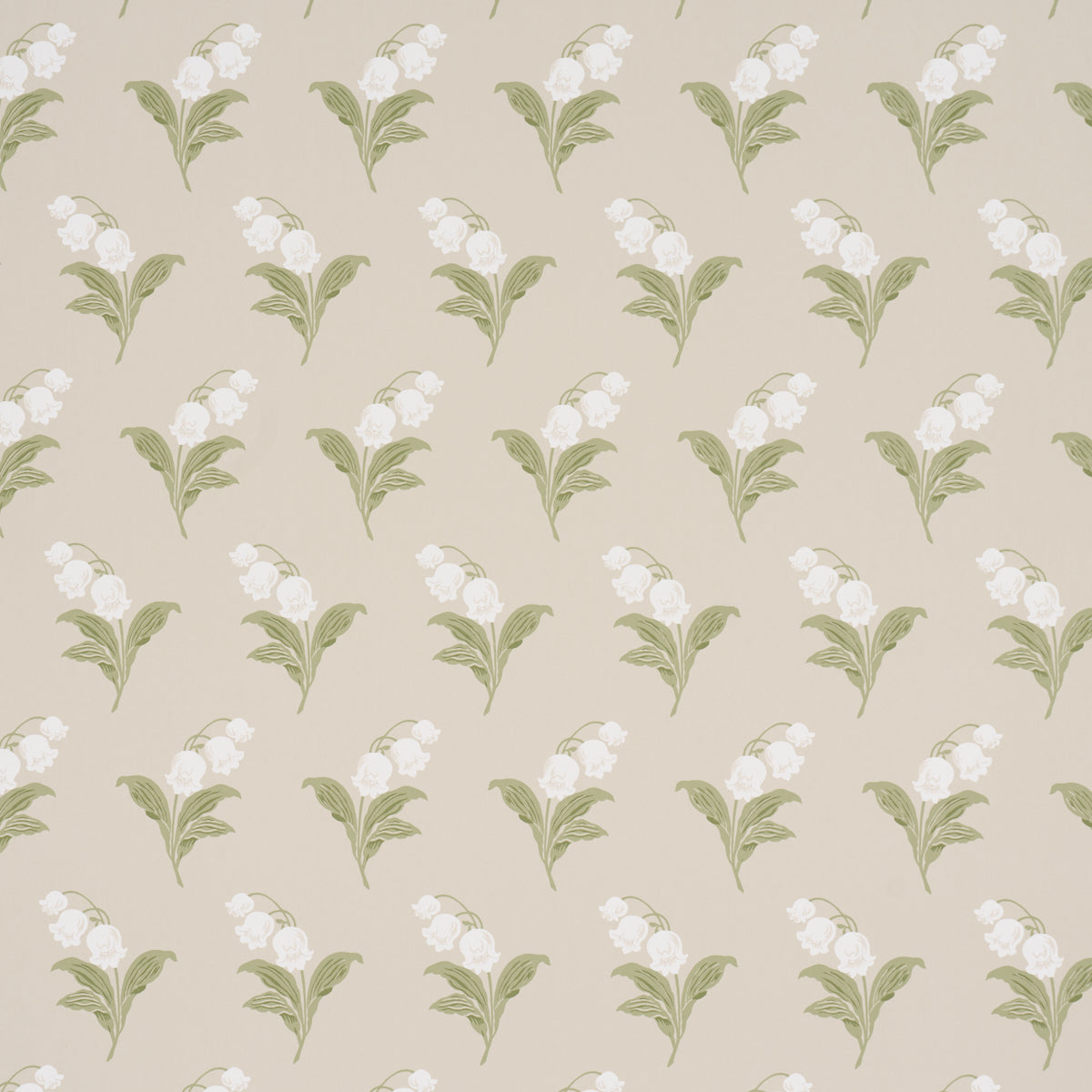Lily of the Valley wallpaper in Spring colorway by Schumacher, featuring hand-painted floral design in green and white on a neutral background.