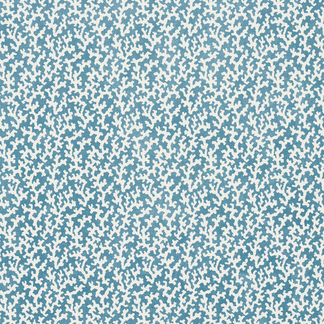 FOLLY Marine by Veere Grenney for Schumacher. Allover coral-like blue and white wallpaper pattern in a bathroom interior.