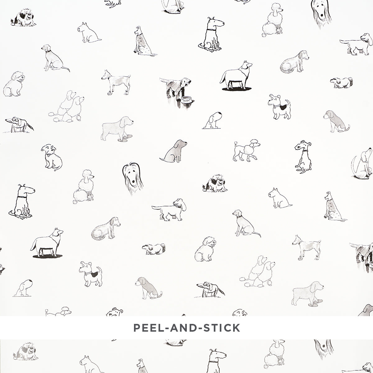 Good Dogs Everywhere peel-and-stick wallpaper featuring black and white cartoon dogs from The New Yorker collection by Schumacher.