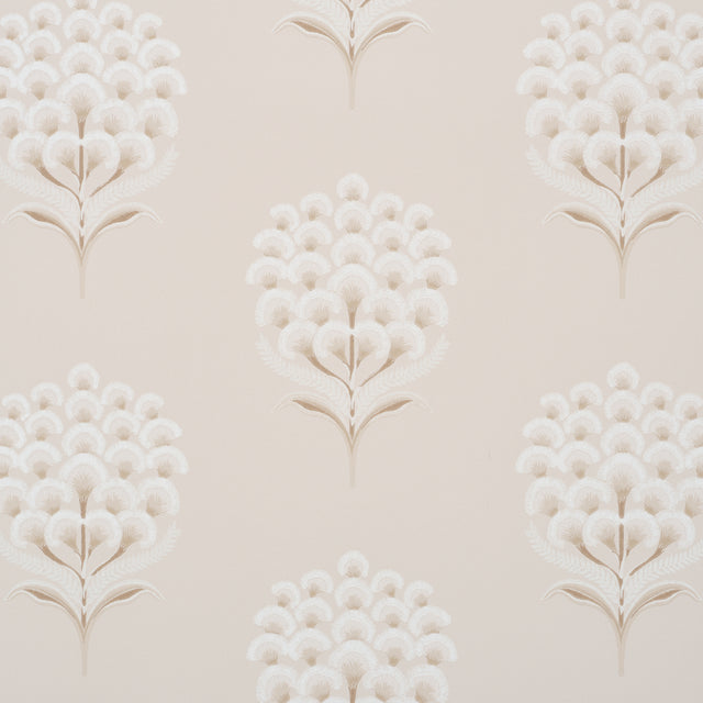 Aurelia Limestone wallpaper by Schumacher featuring large-scale stylized botanical blossoms in soft neutral tones, surface-printed for texture and dimension.