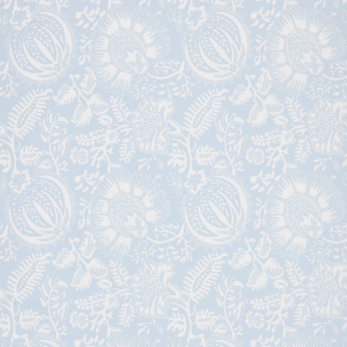 Pomegranate Print wallpaper in Sky by Schumacher, a lively medium-scale botanical surface-printed design in blue and white.