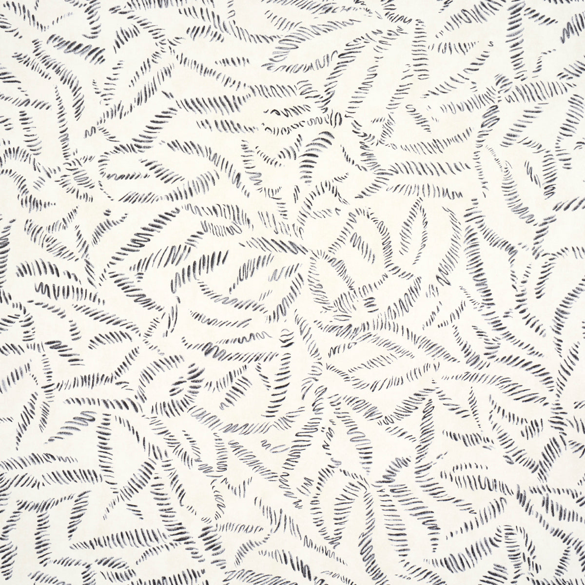 Leaf Bloom wallpaper in Charcoal by Schumacher, featuring a graphic, feathery leaf pattern in a modern, organic style.