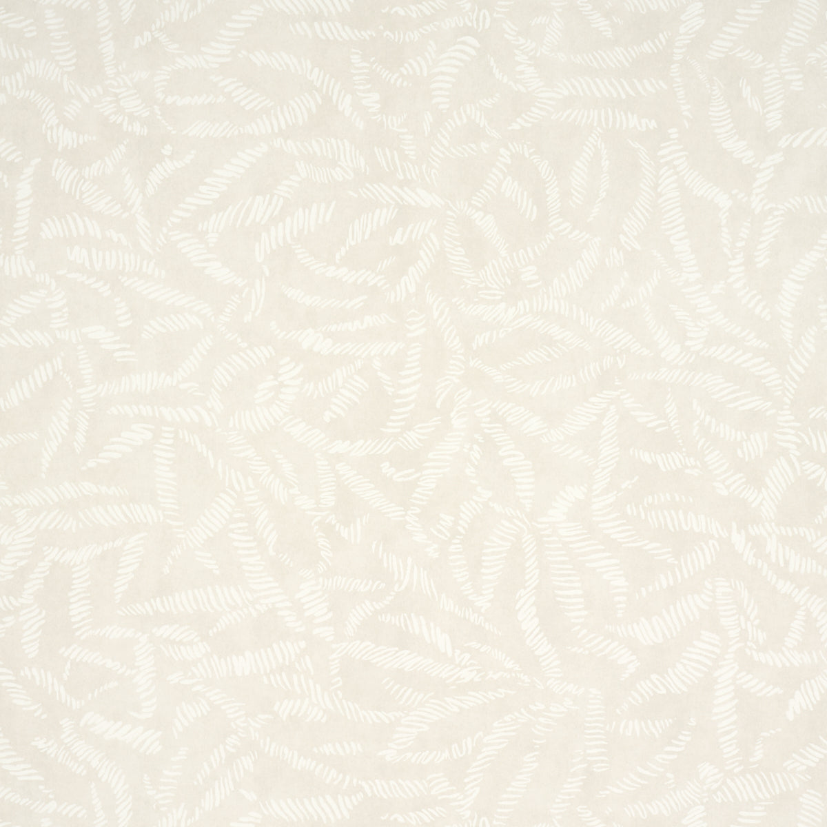 Leaf Bloom wallpaper in a neutral colorway with a graphic, feathery pattern, styled in modern interiors.