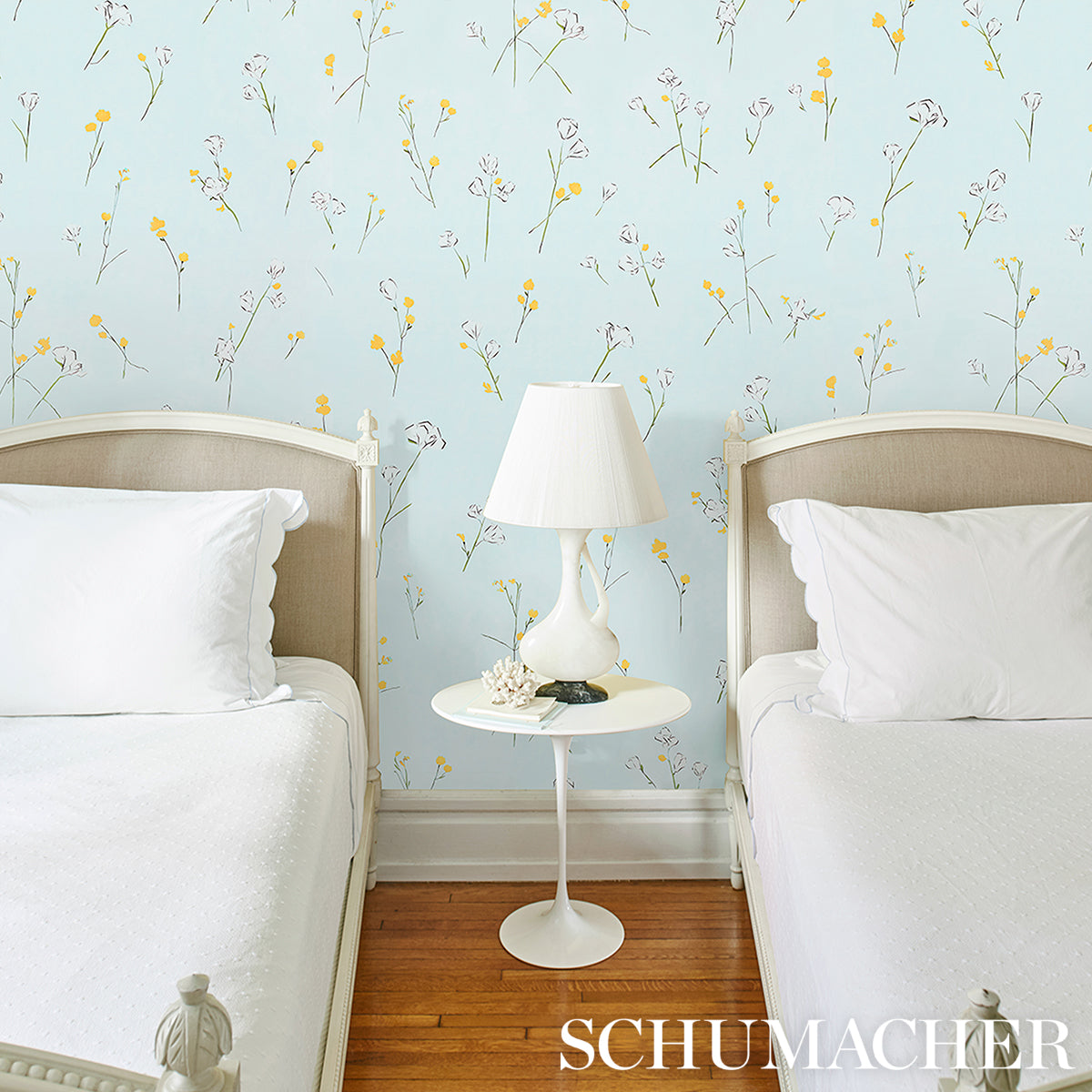 Alex's Floral Mist Blue by Schumacher Painterly Floral Wallpaper – Schumacher 5016401