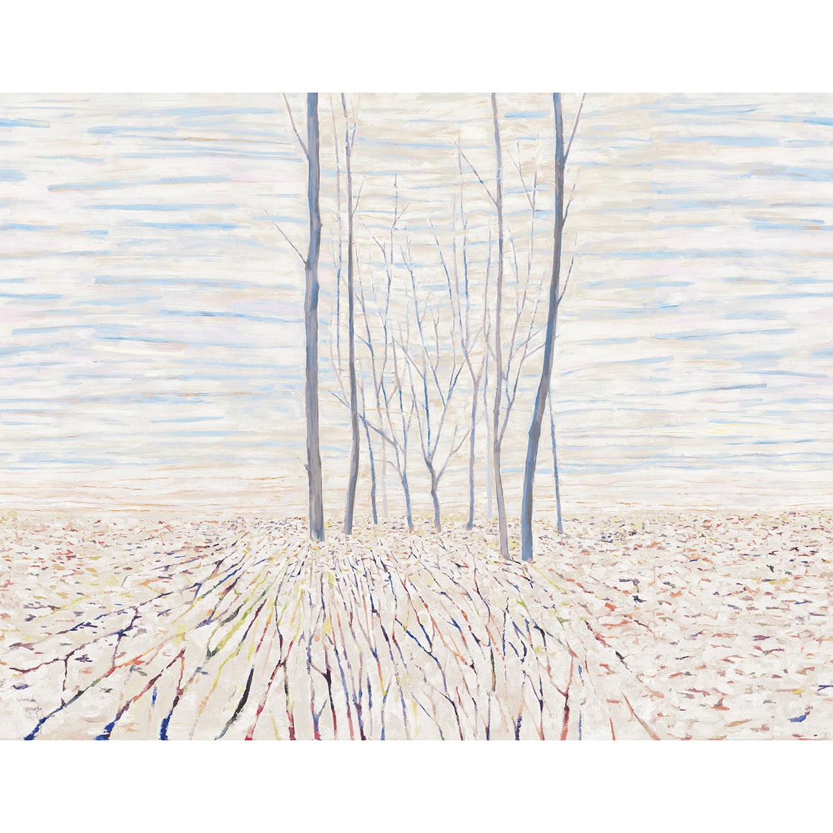 Acanthus Forest Panel Set by Schumacher - painterly, contemporary scenic wallpaper mural with ethereal winter forest design in cool multi colors.