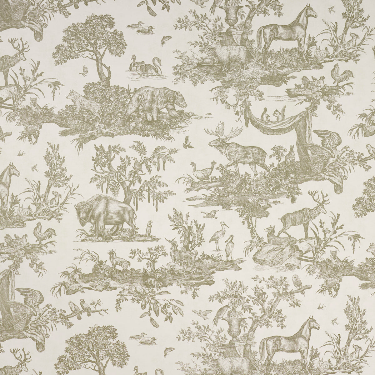 Western Toile wallpaper in Stone by Schumacher, featuring hand-drawn North American animals in a traditional toile pattern.