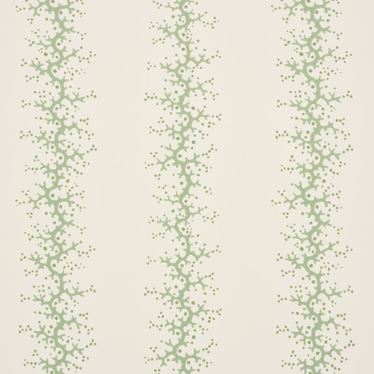 Coral Stripe wallpaper in green by Schumacher, featuring delicate coral branch stripes on a light background.
