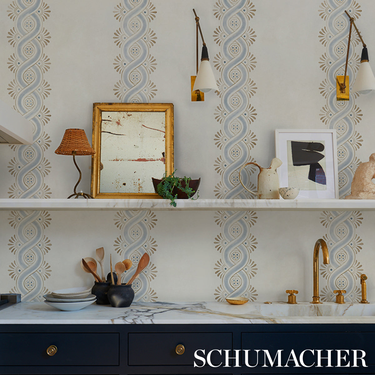 Leonidis Stripe Blue by Schumacher Hand-Painted Ogee Stripe Wallpaper – Schumacher 5016460