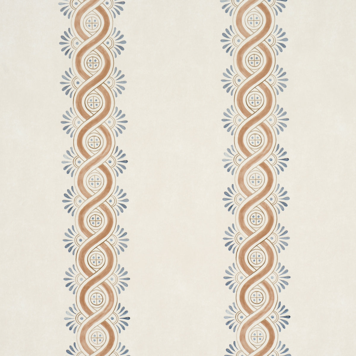 Leonidis Stripe wallpaper in Saffron by Schumacher, featuring a hand-painted ogee stripe inspired by ancient French frescoes, shown in a styled interior and close-up views.