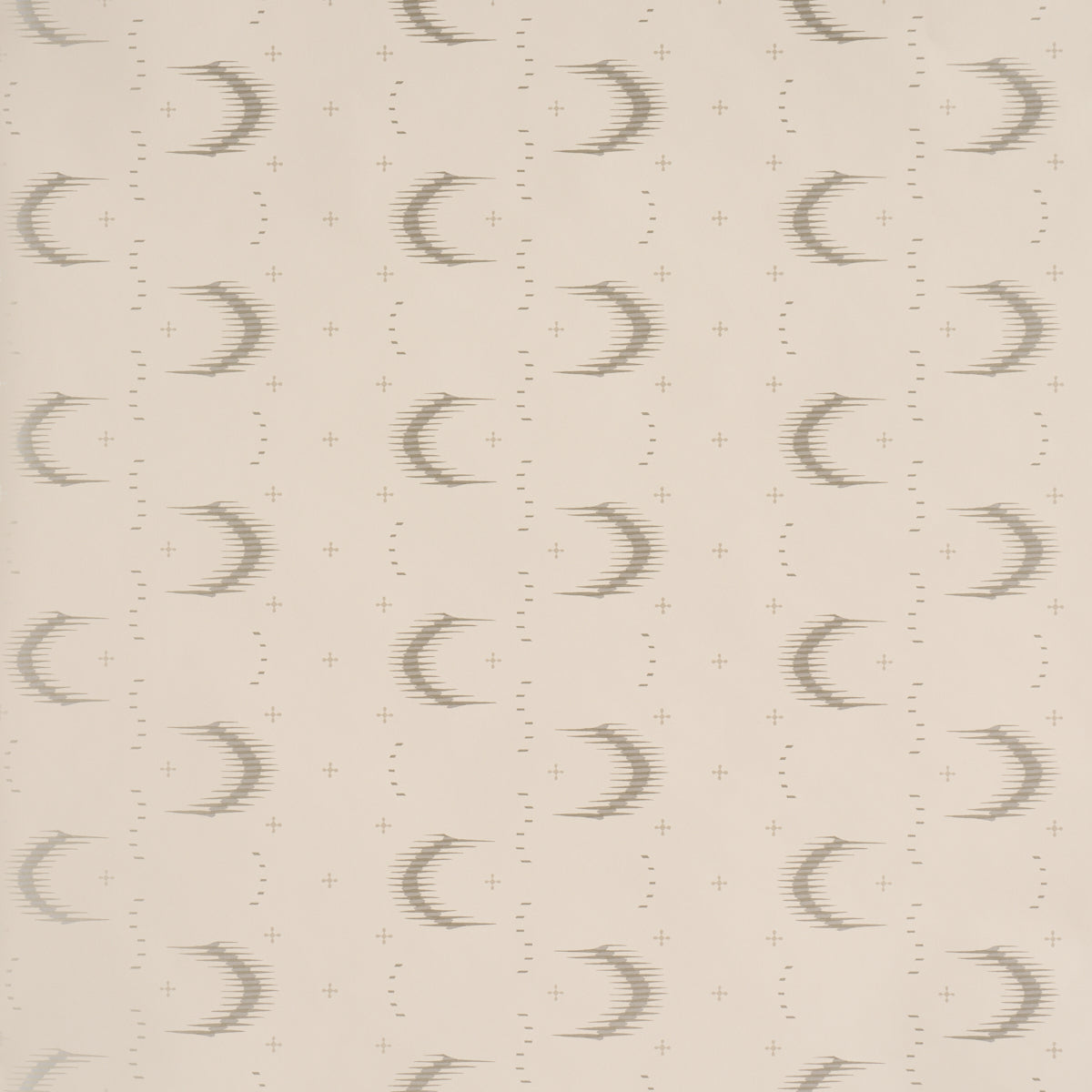 Aristelle Warm Silver abstract geometric wallpaper with ikat-inspired feathered stripe effect by Schumacher, shown in a modern bedroom setting.