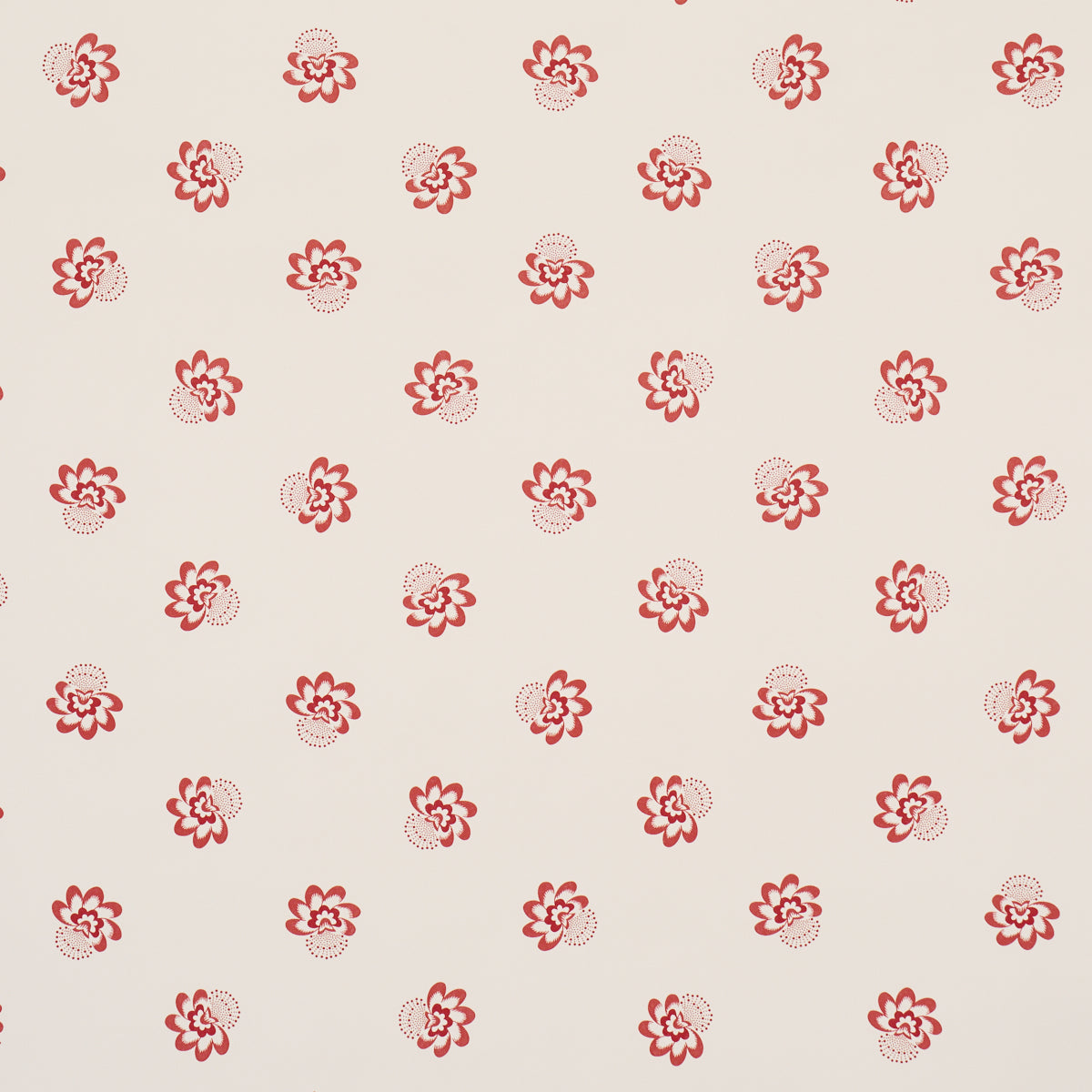 Red tossed-flower pattern wallpaper, Auclair Floral by Schumacher, shown in a styled bathroom setting.