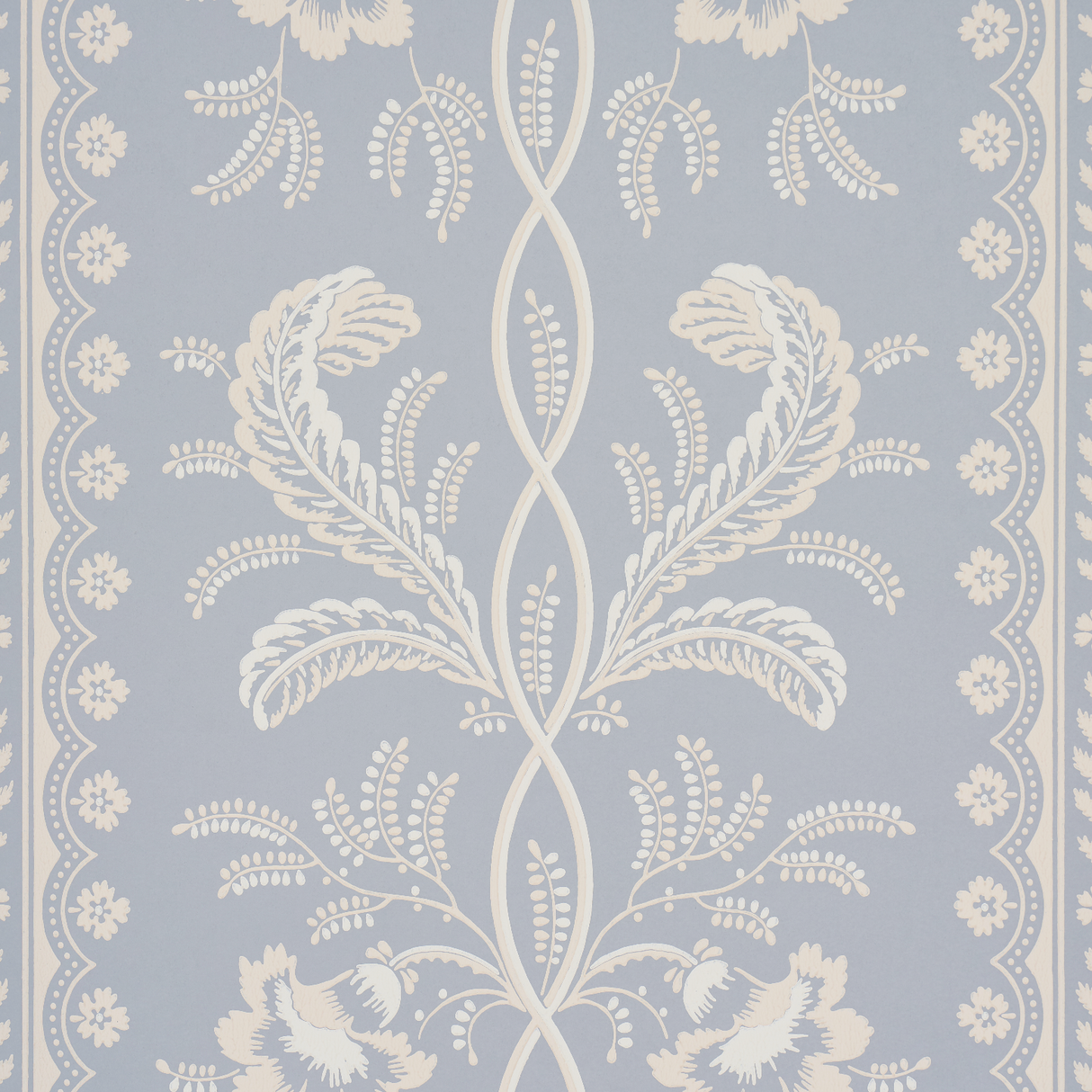 Bell Flowers wallpaper in light blue with ornate floral stripe pattern, surface-printed for texture and dimension, styled in a bedroom and living room setting.