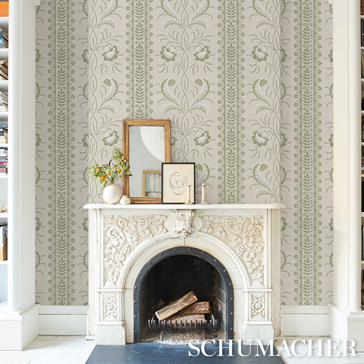 Bell Flowers Green by Schumacher Ornate Floral Stripe Wallpaper – Schumacher 5016491
