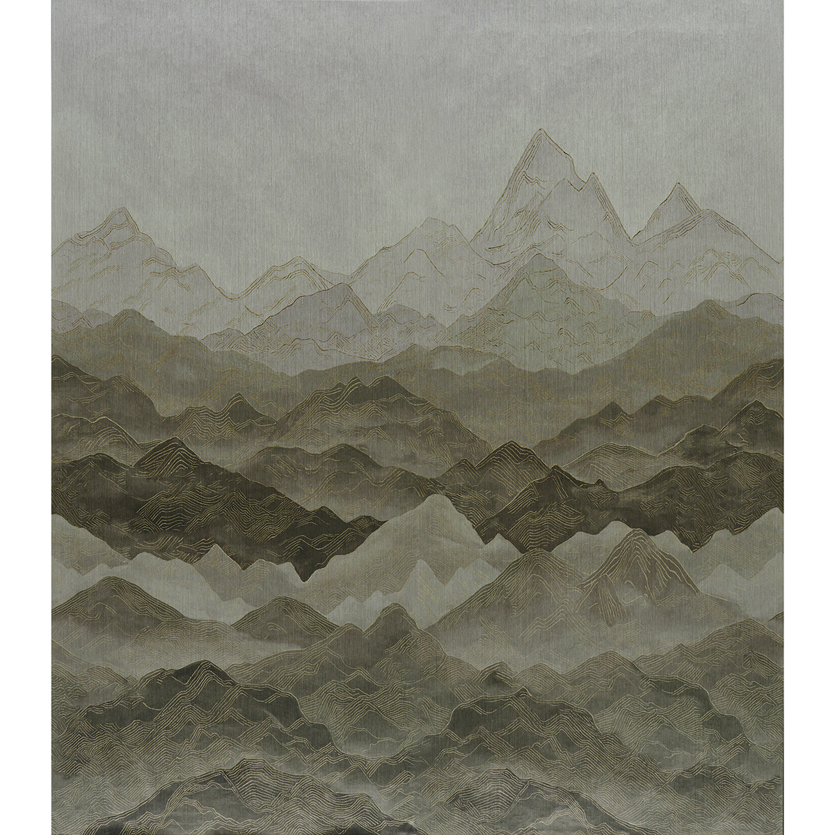 Atmospheric Landscape Panel Set wallpaper in Misty Mountains colorway, featuring a large-scale scenic mountain design with subtle gradient effect, installed in a living room setting.