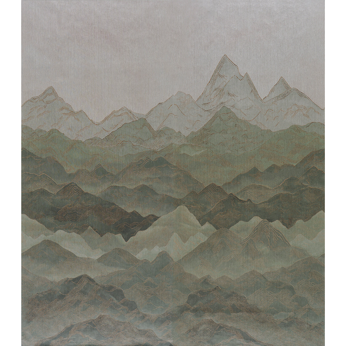 Atmospheric Landscape Panel Set wallpaper in Verdant Vista, a scenic mountain landscape design by Schumacher, shown installed in a living room setting.