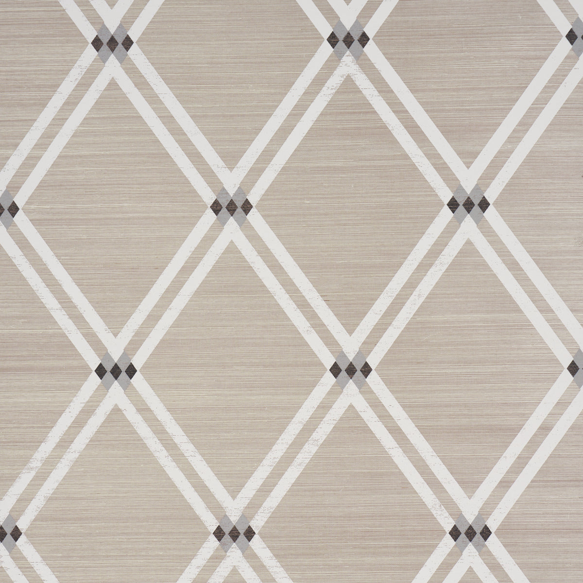 Asolo Sisal wallpaper in silver, featuring a medium-scale trellis with argyle elements and a graphic, textural look by Schumacher.