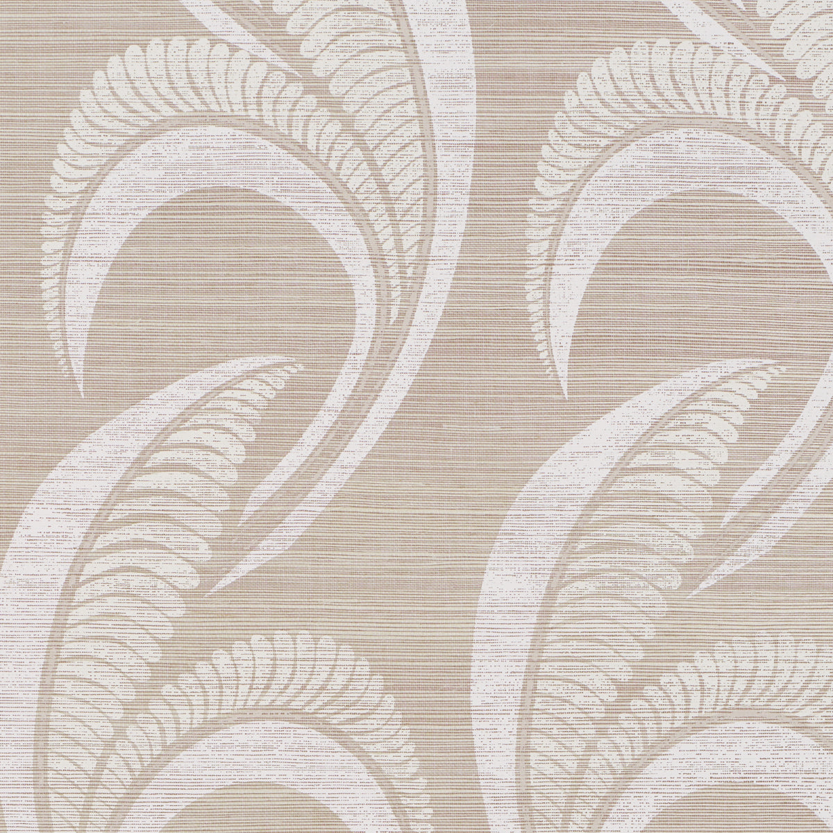 Banana Leaf Sisal wallpaper in silver by Neisha Crosland for Schumacher, featuring a large-scale botanical Art Deco design on woven sisal.