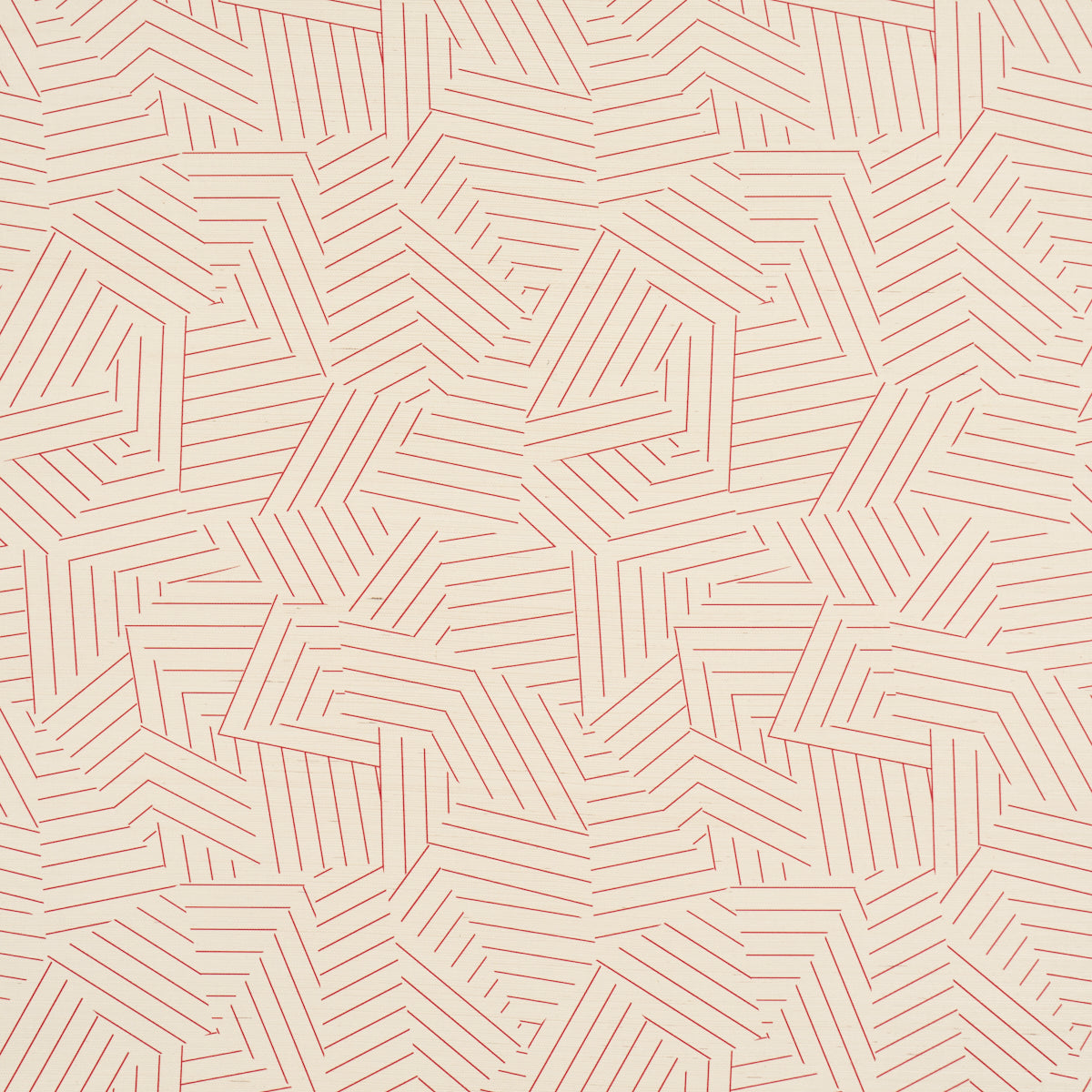 Deconstructed Stripe Sisal wallpaper in red by Miles Redd for Schumacher, featuring a geometric stripe pattern on sisal