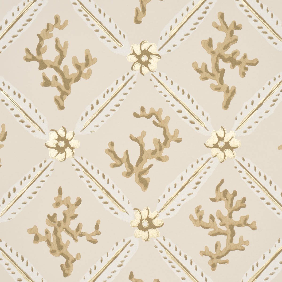 Corail Leaf Trellis Champagne by Timothy Corrigan Metallic Botanical Trellis Wallpaper – Schumacher 5016640
