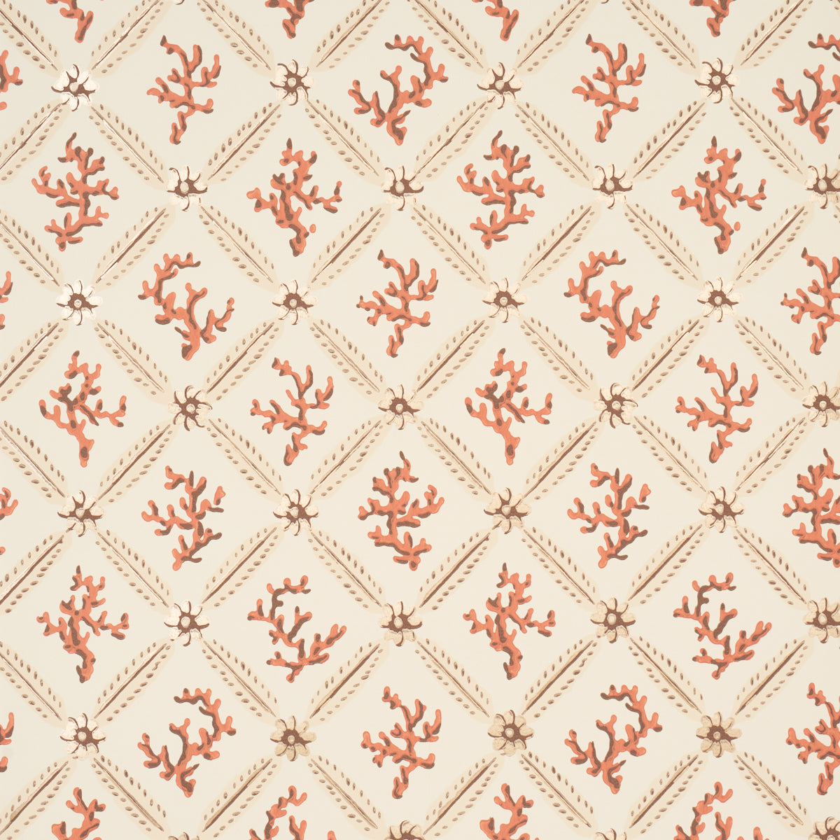 Corail Leaf Trellis wallpaper in coral by Timothy Corrigan for Schumacher, featuring a coral branch and daisy trellis pattern with metallic accents.