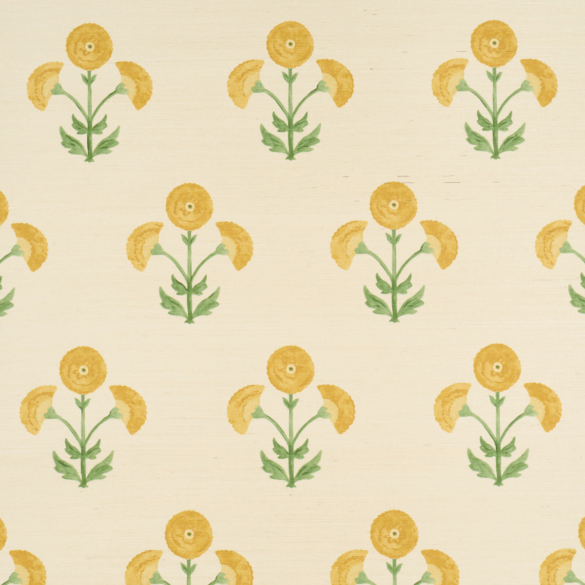 Saranda Flower Sisal wallpaper in marigold, featuring stylized yellow flowers and green leaves on a textured background.