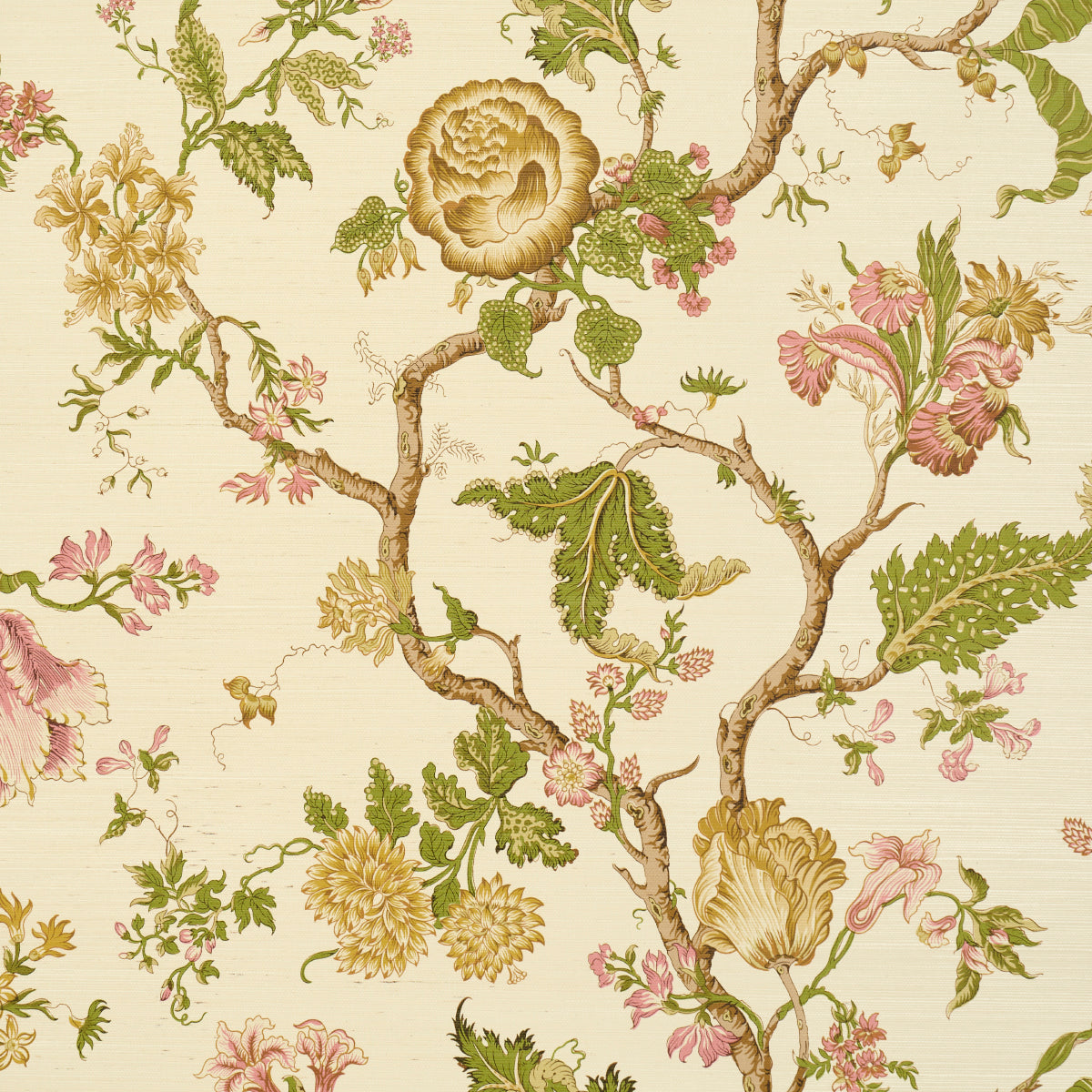 Josephine Sisal wallpaper in Citron by Schumacher, featuring a midscale tree of life pattern with stylized flowers on a textured sisal background.