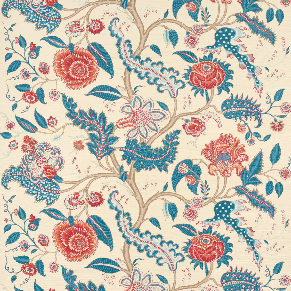 SINHALA SISAL wallpaper in Rouge & Indigo by Schumacher, a traditional tree of life design with floral and botanical motifs.
