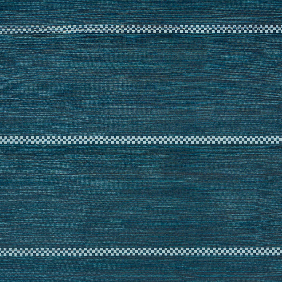 Checkered Stripe Sisal wallpaper in Peacock by Schumacher, a hand-printed, textural horizontal stripe wallcovering with a checkered motif.