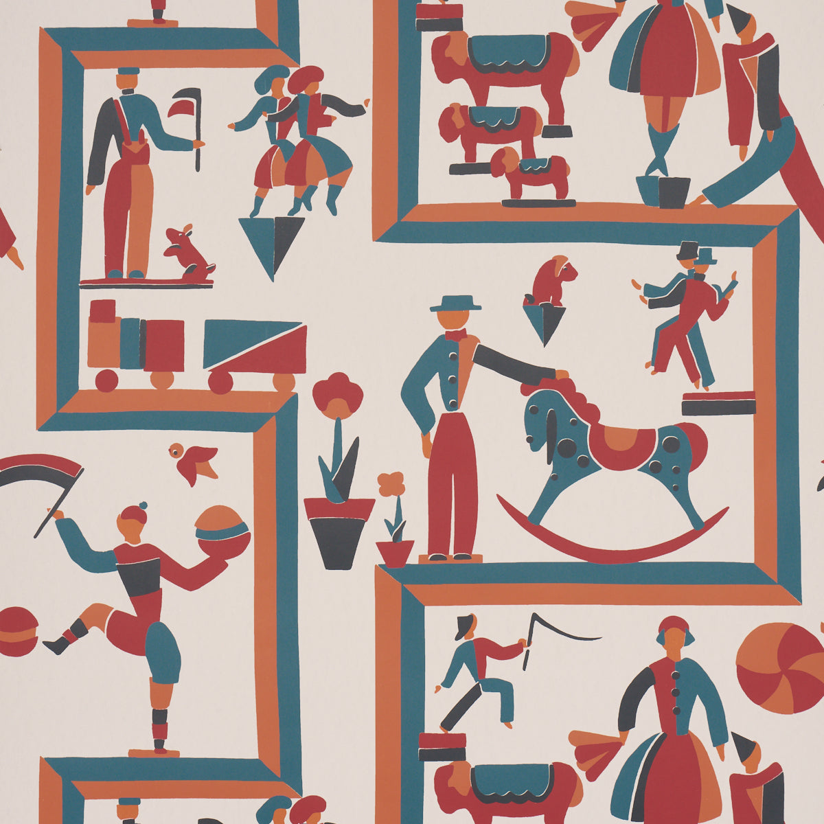 VALLY CIRCUS wallpaper by Schumacher features a playful, geometric circus-themed pattern in a multi-colorway, inspired by a 1929 design by Vally Wieselthier.