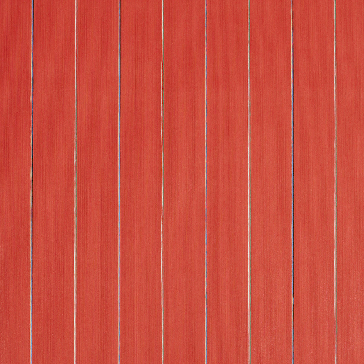 Draper Stripe wallpaper in Bada Bing! by Schumacher, featuring vertical multicolor pinstripes on a textured red background.