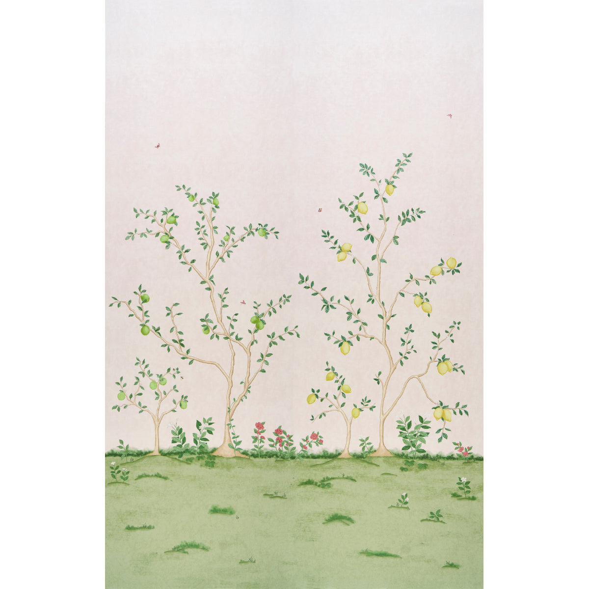 Citrus Blossom 2 Panel Set wallpaper in blush, featuring hand-painted lemon trees and botanical details on a soft background.