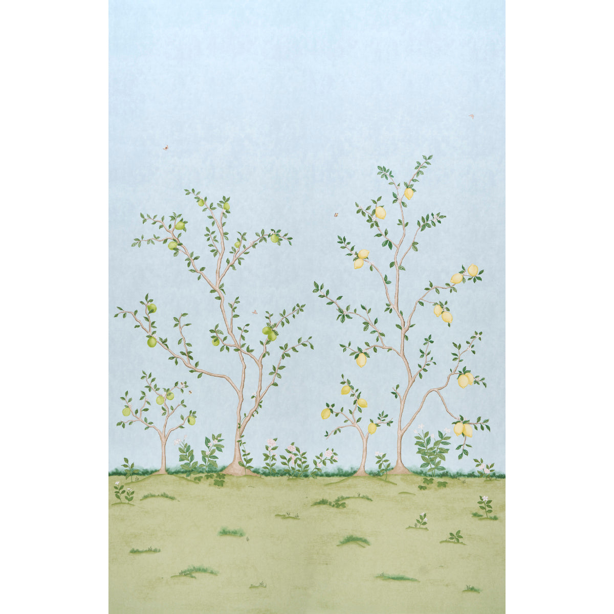 Citrus Blossom 2 Panel Set wallpaper in Sky by Schumacher, featuring a hand-painted look of lemon trees and blossoms on a blue background.