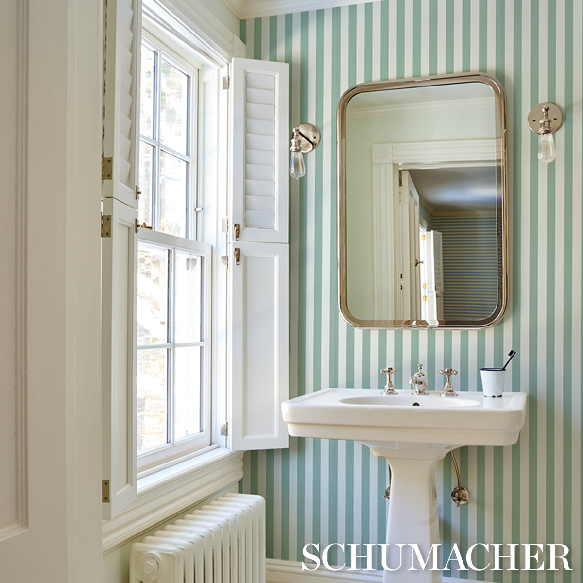 Emma Stripe Teal by Schumacher Classic Vertical Stripe Wallpaper – Perennial Favorites Collection 5017213